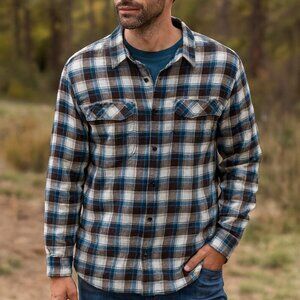 Columbia Omni-Wick Teal Brown Plaid Flannel Shirt Men's XL